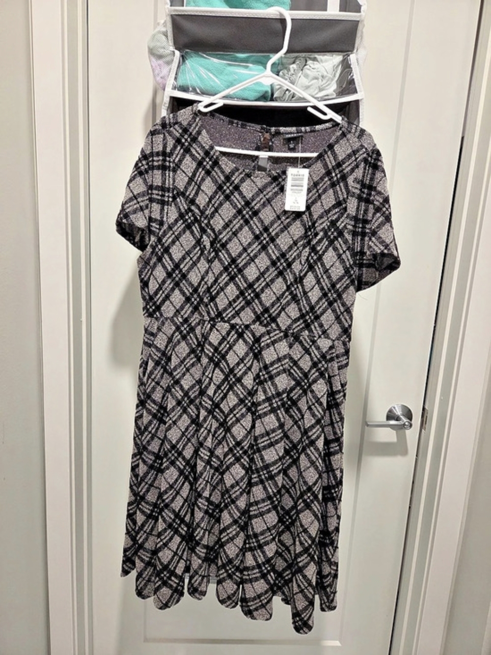 Torrid Plaid Short Sleeve Flocked Double Knit Skater Dress Black & Gray 1x
